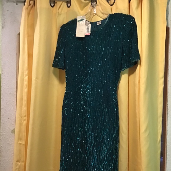 Vintage NOS designer hand beaded Formal wedding cocktail dress PS Emerald green - Picture 10 of 12